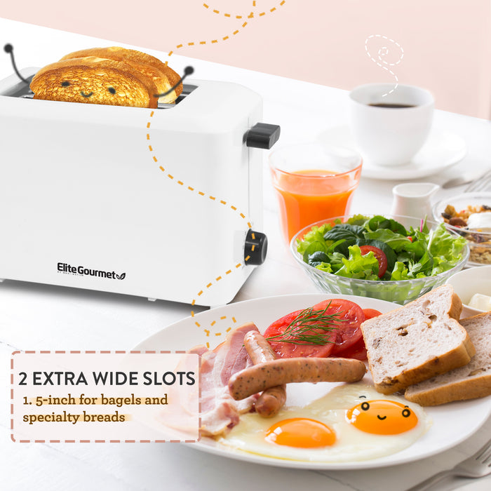 Toaster with two slices of toast in the slots. Evenly toasted. Next to the toaster are a cup of juice, a cup of coffee, a bowl of salad, and a plate of bacon strips, sunny side up eggs, tomato slices, and toast slices. Wording: Two 1.5 inches extra wide slots for bagels and specialty breads.
