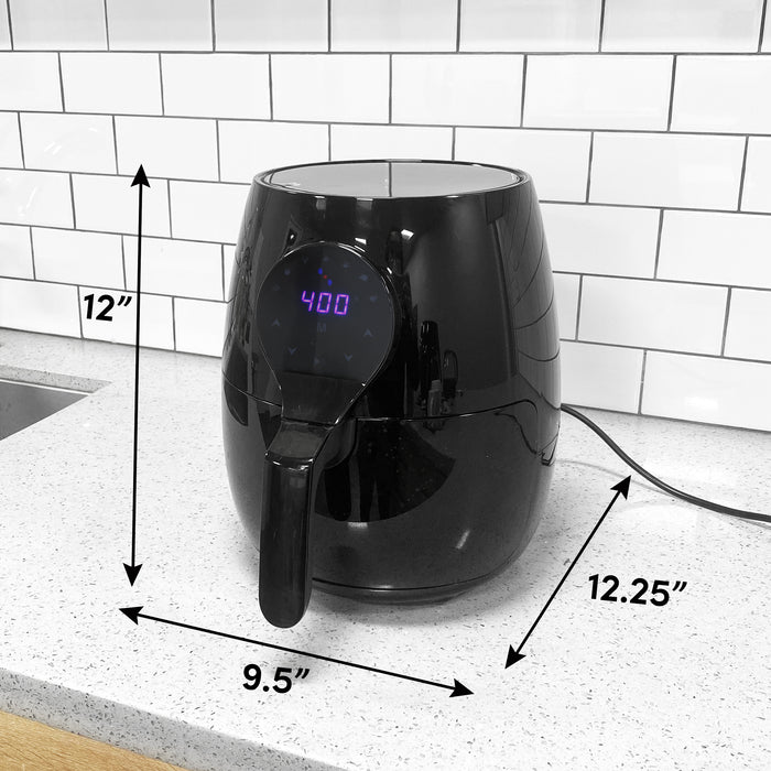 Air Fryer on kitchen counter. Dimensions 12" Height, 9.5" Width, 12'25" Length.