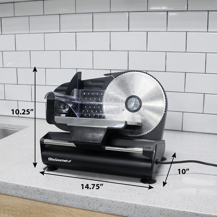 Dimensions of food slicer. 14.64" Width, 10" Length, 10.25" Height.