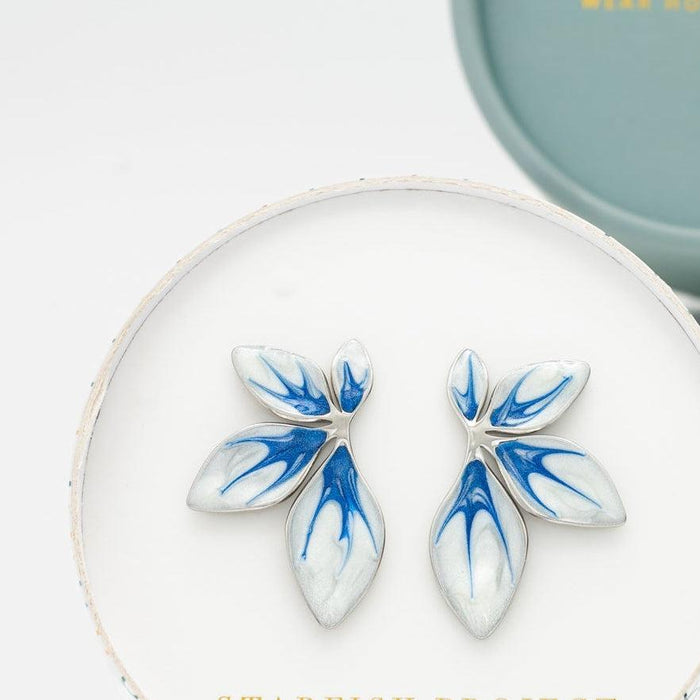 Blue & Silver Enamel Leaf Earrings. Supports Women Artisans!