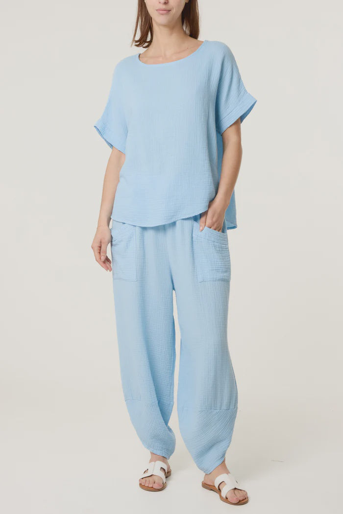Cheesecloth Top & Barrel Leg Trouser Set - Light Blue