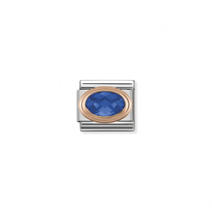 Classic Link 9K Rose Gold Faceted Cubic Zirconia Blue Stone Charm