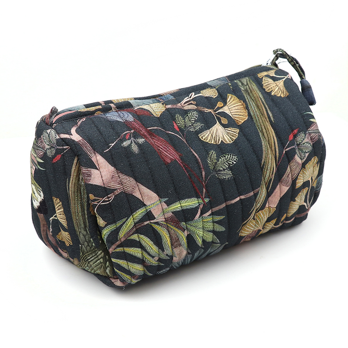Dusky Navy Tropical Forest Bird Of Paradise Quilted Toiletry/Make-Up Bag - Large