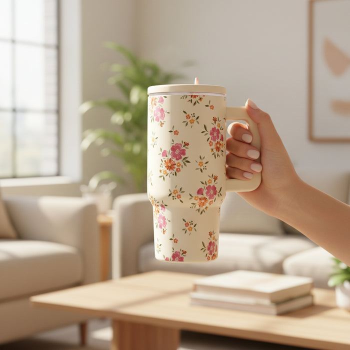 A hand holds the-darling-effect Endless Daydream Cream 20 oz Lifestyle Flip Straw Tumbler with a pink floral design in a bright, cozy living room; its insulated stainless steel keeps drinks perfectly hot or cold.