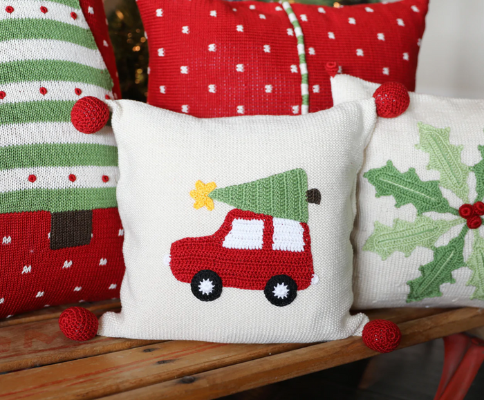Hand Knit Christmas Pillow- Red Car with Christmas Tree, Armenia- Fair Trade