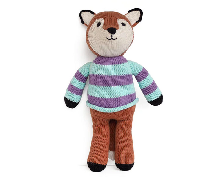 Hand Knit Fox in Striped Aqua and Purple Sweater, Stuffed Animal, Fair Trade
