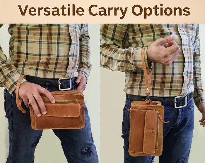Leather Wrist Bag for Men - Compact Travel Murse Clutch Wallet
