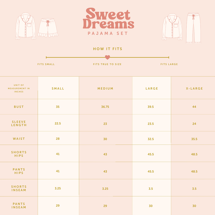 Maple Gingham Sweet Dreams Pajama Shorts Set size chart by The Darling Effect details measurements for small, medium, large, and x-large in bust, sleeve length, waist, shorts hips, pants hips, and pants inseam. Featuring line drawings of the cozy pajama top and shorts—this guide is perfect for finding your best fit or choosing a Maple Gingham pajama gift set.