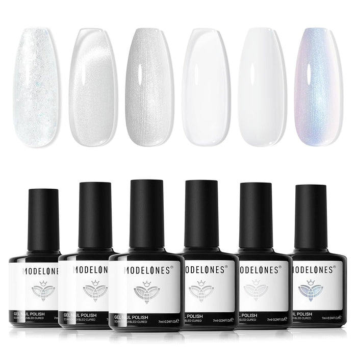 modelones White Gel Nail Polish Set, 6 Colors Milky Jelly White Sparkle