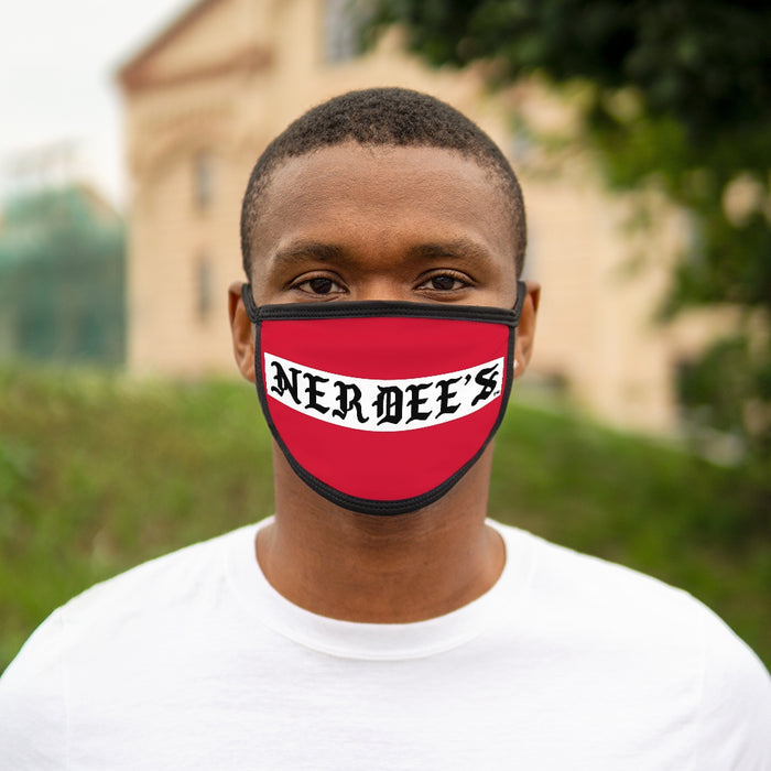 Nerdee's - Old English White Banner - (WHT Design 01) - Mixed-Fabric Face Mask (Adult Large Fit) - Dark Red