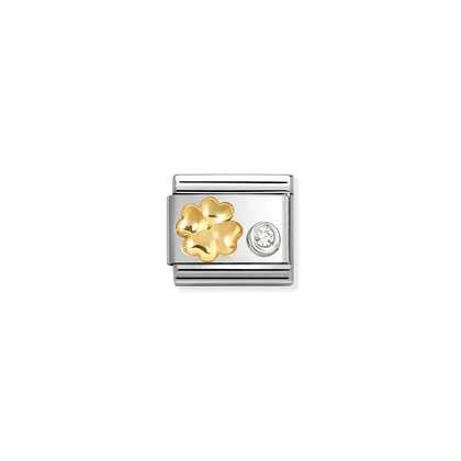 Nomination Classic 18k Gold White CZ Four-Leaf Clover Charm