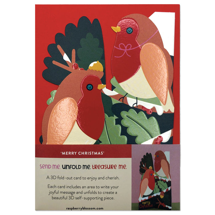 Raspberry Blossom 3D Christmas Card - Robins