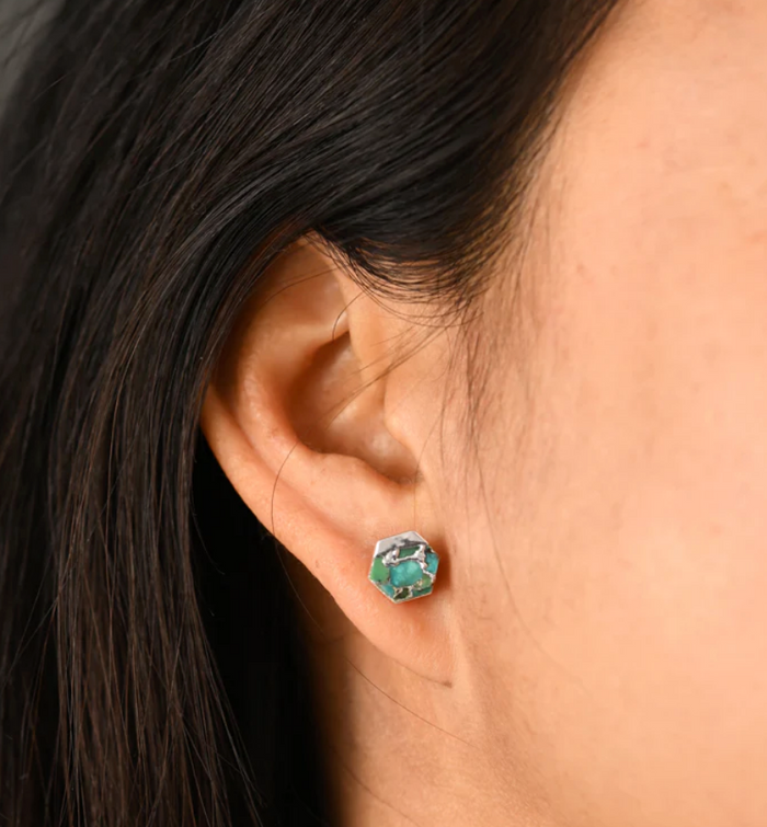 Silver Turquoise Stud Hexagon Earrings, Give freedom, careers & education to exploited girls & women!