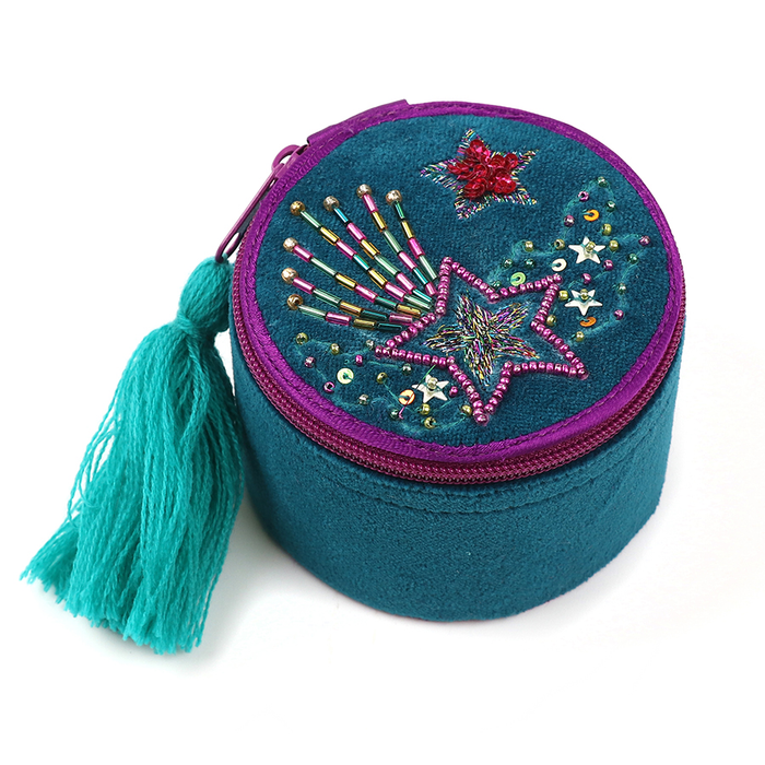 Teal Velvet Round Trinket Box With Purple/Aqua Shooting Stars Embroidery