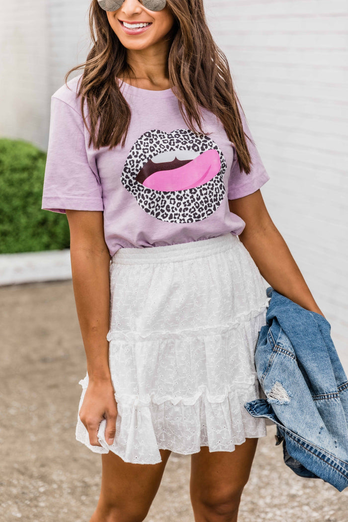 White Animal Print Lips Lilac Graphic Tee