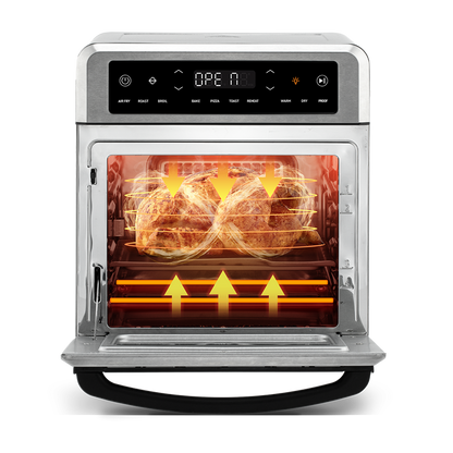 Open door view showing multi-level cooking with food dehydrating on two separate wire racks inside the oven
