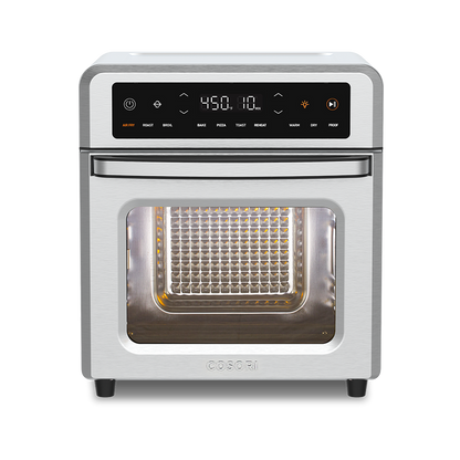Front straight-on view of the Cosori 13-Quart Air Fryer Oven with the glass door closed and interior empty.