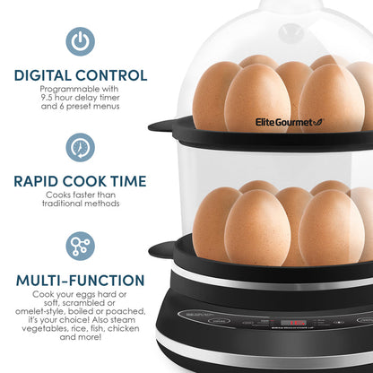 DIGITAL CONTROL Programmable with 9.5 hour delay timer and 6 preset menus. RAPID COOK TIME Cooks faster than traditional methods. MULTI-FUNCTION Cook your eggs hard or soft, scrambled or omelet-style, boiled or poached, it's your choice! Also steam vegetables, rice, fish, chicken and more! Elite Gourmet 14 Egg programmable easy egg cooker.
