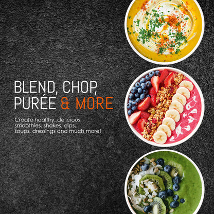 BLEND, CHOP, PURÉE MORE Create healthy, delicious smoothies, shakes, dips, soups, dressings and much more. Showing dips and slices of fruits.
