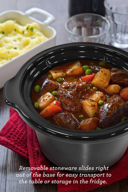 Removable stoneware slides right out of the base for easy transport to the table or storage in the fridge. Showing Elite Gourmet Slow Cooker's stoneware part with curry.
