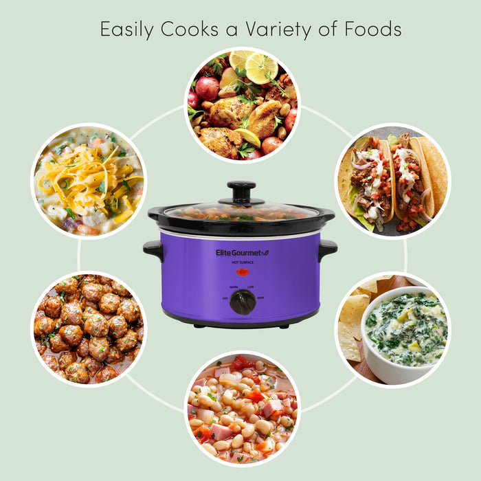 Easily Cooks a Variety of Foods. Showing various types of foods surrounding to Elite Gourmet Electric Slow Cooker.