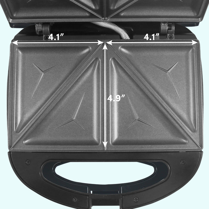 Cooking plate view with measurements. Makes four triangle sandwiches at a time. Sandwich sized 4.1 inches by 4.9 inches.