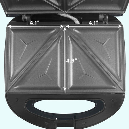 Cooking plate view with measurements. Makes four triangle sandwiches at a time. Sandwich sized 4.1 inches by 4.9 inches.