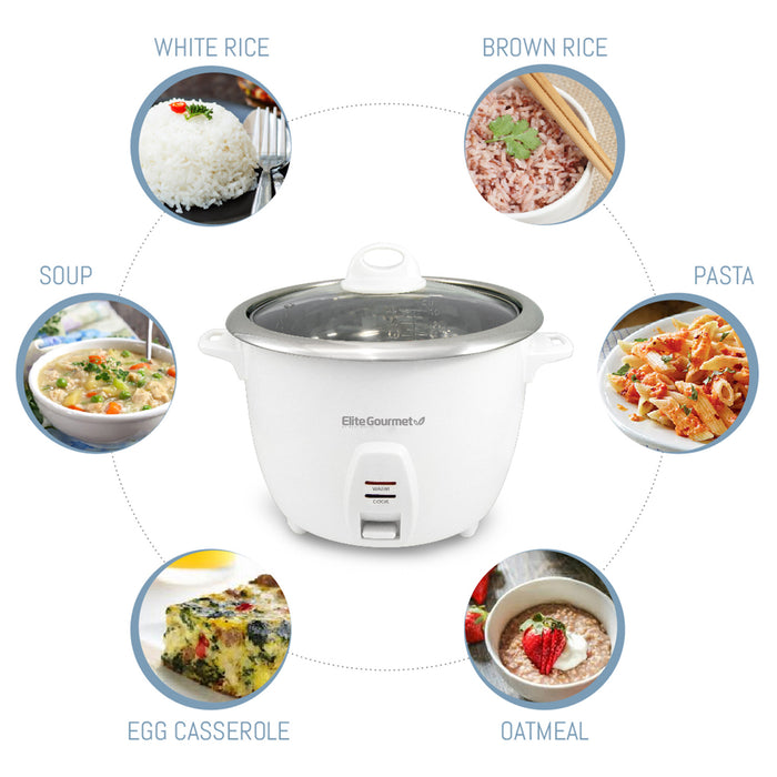 Various cooked foods display around rice cooker.
