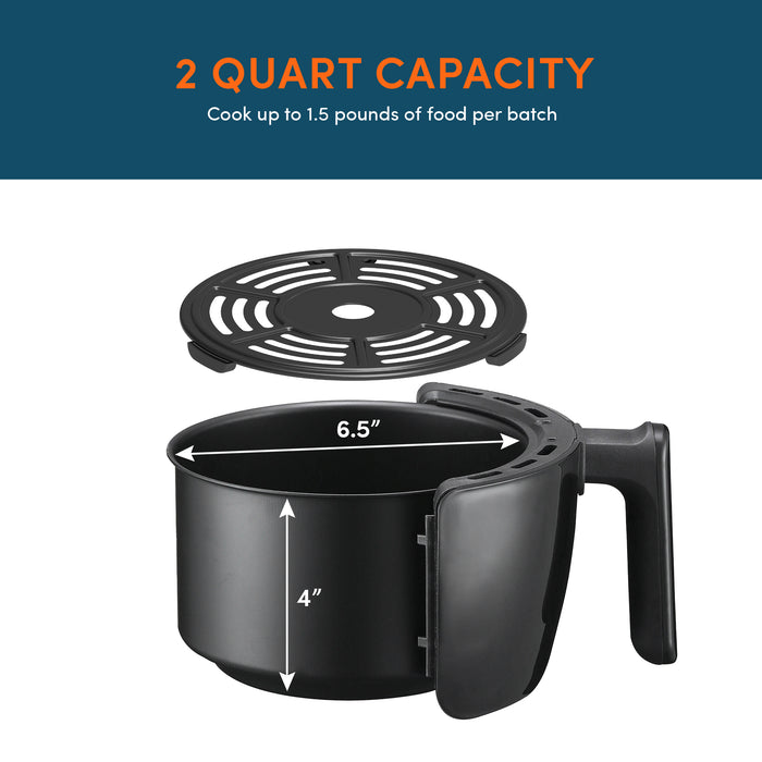2 Quart capacity cook up to 1.5 pounds of food per batch. Frying basket sized 6.5" width x 4" height.