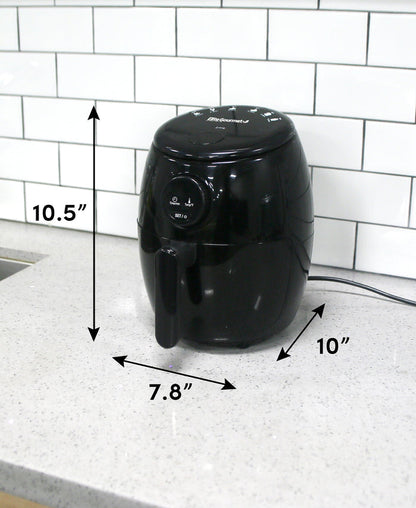 Air fryer placed on counter top. Dimension: 10.5" in height, 7.8" in length, 10" in width.