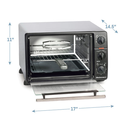 Toaster oven dimensions: 11"H x 17"L x 14.5"W. Interior dimensions: 8.5"H x 12"L x 13"W.