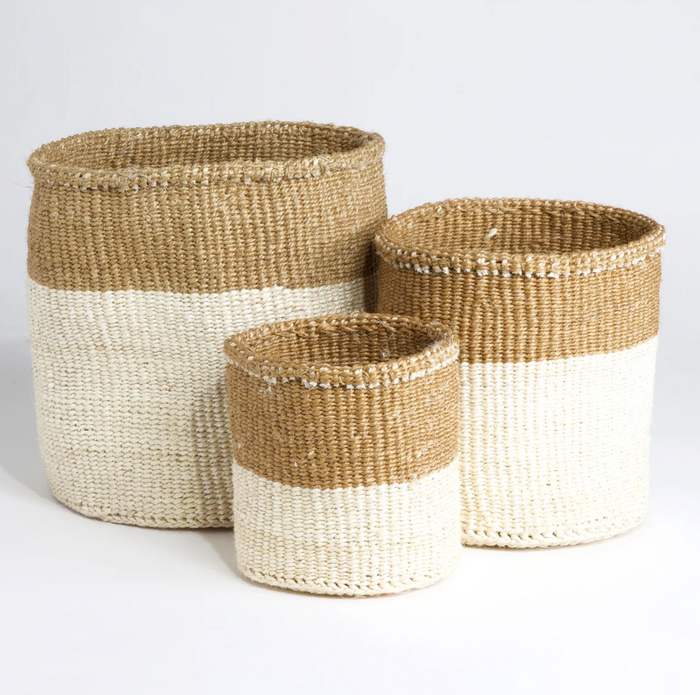 3 Handwoven Cream & Beige Sisal Nesting Baskets, Kenya, Fair Trade