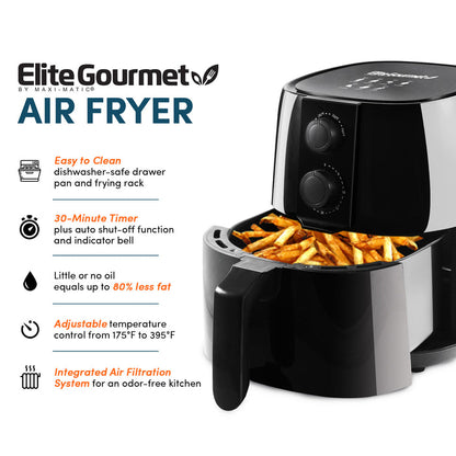 Easy to Clean dishwasher-safe drawer pan and frying rack. 30-Minute Timer plus auto shut-off function and indicator bell. Little or no oil equals up to 80% less fat. Adjustable temperature control from 175°F to 395°F. Integrated Air Filtration System for an odor-free kitchen.