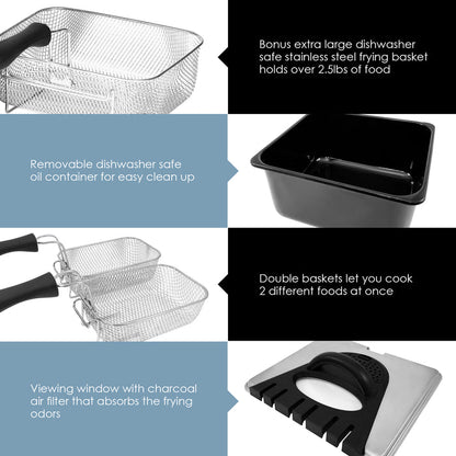 Bonus extra large dishwasher safe stainless steel frying basket holds over 2.5lbs of food, Removable dishwasher safe oil container for easy clean up, Double baskets let you cook 2 different foods at once, Viewing window with charcoal air filter that absorbs the frying odors.
