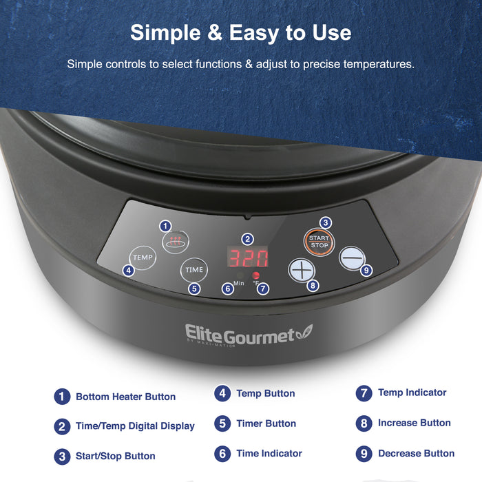 Simple & Easy to Use Simple controls to select functions & adjust to precise temperatures. 1. Bottom Heater Button, 2. Time/Temp Digital Display, 3. Start/Stop Button, 4. Temp Button, 5. Timer Button, 6.Time Indicator, 7. Temp Indicator, 8. Increase Button, 9. Decrease Button. Image showing parts of 5Qt Rapid Air Fryer & Multi-cooker.