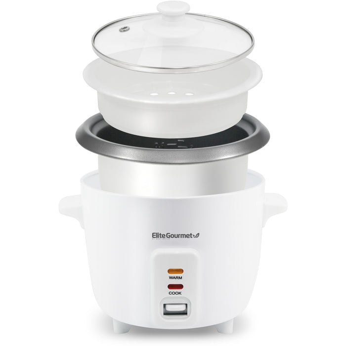 Parts & accessories displayed separately.  Glass lid, steamer basket, rice pot, main rice cooker.
