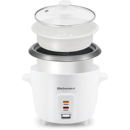 Parts & accessories displayed separately.  Glass lid, steamer basket, rice pot, main rice cooker.