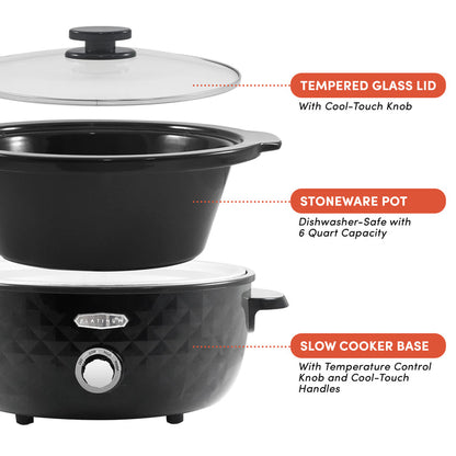 Tempered Glass Lid with Cool-Touch Knob.  Stoneware Pot Dishwasher-safe with 6 Quart capacity.  Slow cooker base with temperature control knob and cool-touch handles.