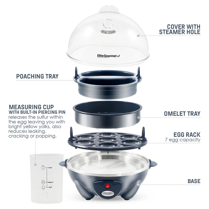 Parts & accessories displayed. Poaching Tray, Measuring cup with built-in piercing pin releases the sulfur with the egg leaving you with bright yellow yolks, also reduces leaking, cracking or popping. Cover with steamer hole. Omelet Tray. Egg rack 7 egg capacity. Base.