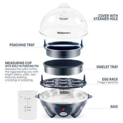 Parts & accessories displayed. Poaching Tray, Measuring cup with built-in piercing pin releases the sulfur with the egg leaving you with bright yellow yolks, also reduces leaking, cracking or popping. Cover with steamer hole. Omelet Tray. Egg rack 7 egg capacity. Base.