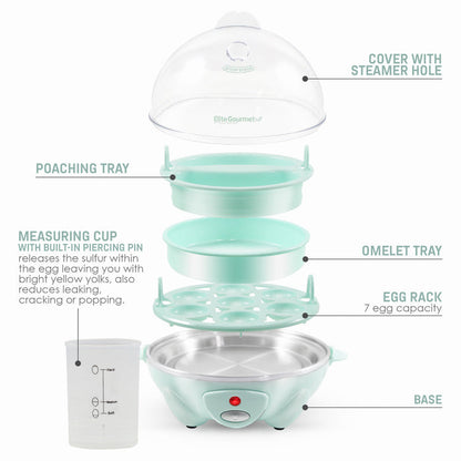 Parts & accessories displayed. Poaching Tray, Measuring cup with built-in piercing pin releases the sulfur with the egg leaving you with bright yellow yolks, also reduces leaking, cracking or popping. Cover with steamer hole. Omelet Tray. Egg rack 7 egg capacity. Base.