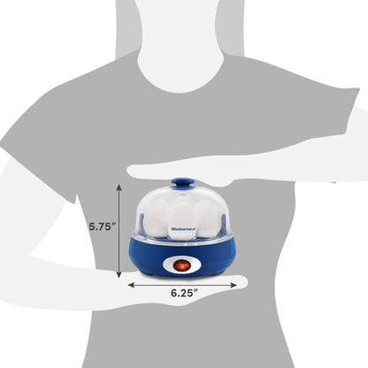 Dimensions of egg cooker. 5.75" Height, 6.25" Diameter.