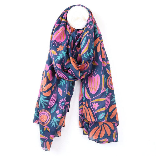 Abstract Meadow Print Scarf - Navy & Brights