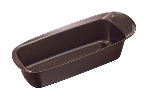 Non-stick metal cake tin with large handles for easy handling.
