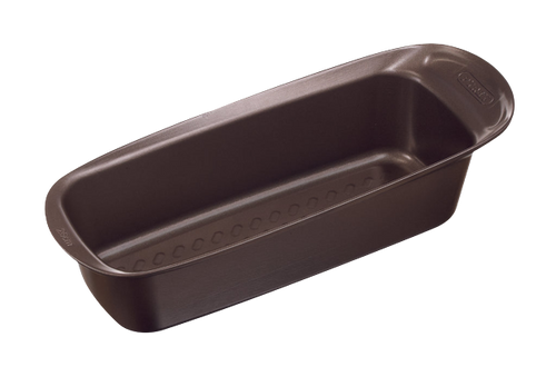 Non-stick metal cake tin with large handles for easy handling.