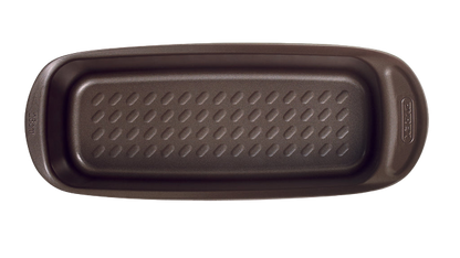Non-stick metal cake tin with large handles for easy grip, viewed from above.