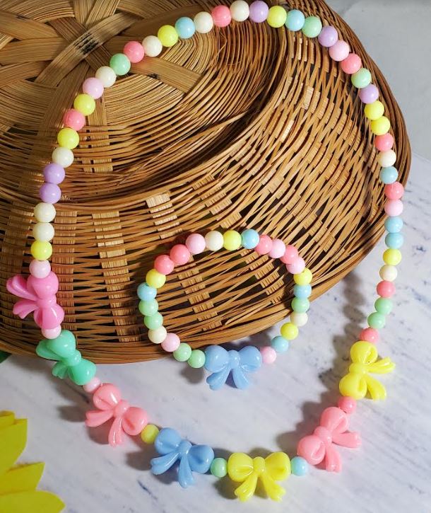 BD05 6 Pack Multi Color Bow Bead Necklace and Bracelet Set