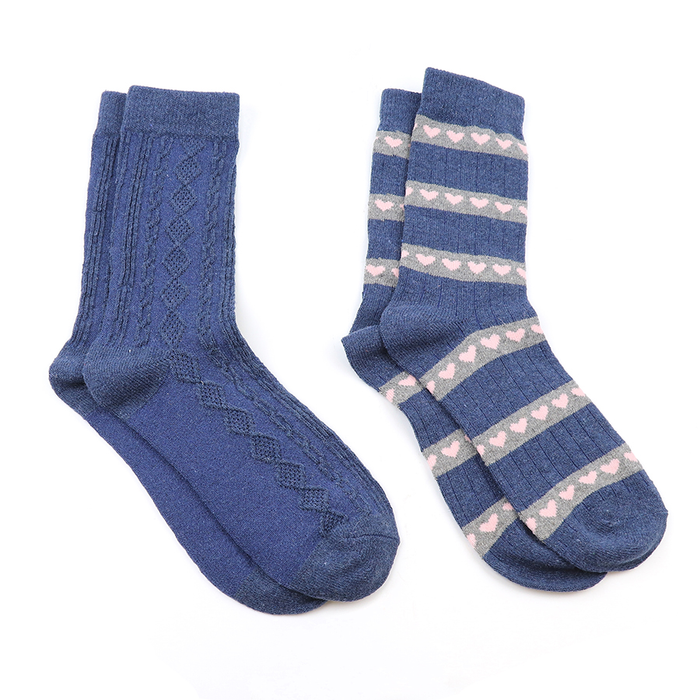 Blue Cable / Hearts Mix Wool Blend Socks - 2 Pairs