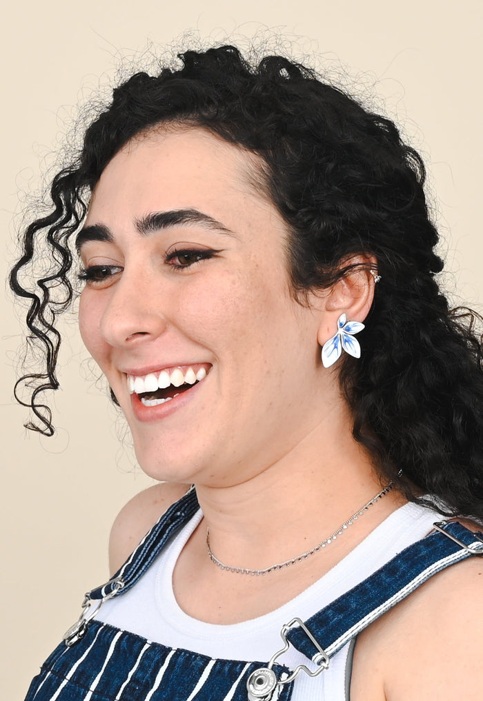 Blue & Silver Enamel Leaf Earrings. Supports Women Artisans!