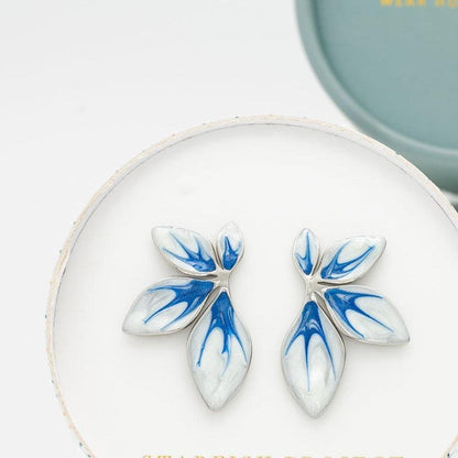 Blue & Silver Enamel Leaf Earrings. Supports Women Artisans!
